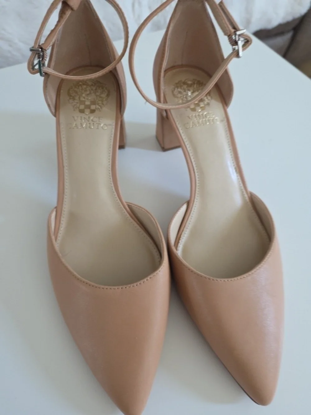Vince Camuto Nude Pointed-Toe Block Heel Ankle-Strap Pumps